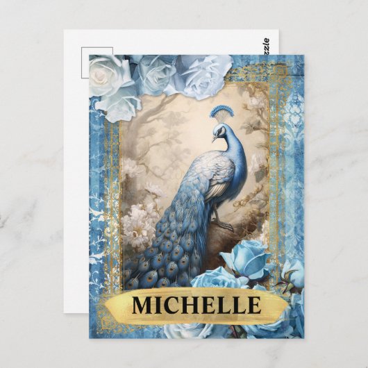 Romantische Blauwe Rozen en Peacock Fantasy Briefkaart (Voorkant / Achterkant)