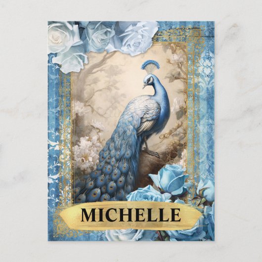 Romantische Blauwe Rozen en Peacock Fantasy Briefkaart (Voorkant)