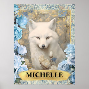 Romantische Blauwe Rozen en Witte Vos Fantasie Poster