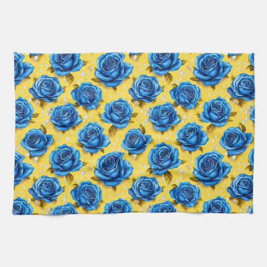 Romantische Blauwe Rozen Moderne Bloem Theedoek (Horizontaal)