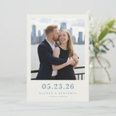 Romantische Blauwe Stedelijke Foto Save The Date (Staand voorkant)
