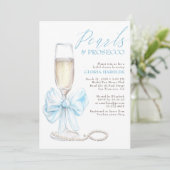Romantische Blauwe Strik Parels & Prosecco Bruidsd Kaart (Staand voorkant)