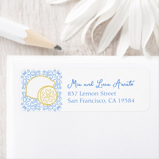 Romantische Blauwe Tegel Citrus Lemon Luxe Huwelij Etiket (Insitu)