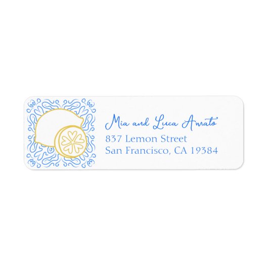 Romantische Blauwe Tegel Citrus Lemon Luxe Huwelij Etiket (Voorkant)