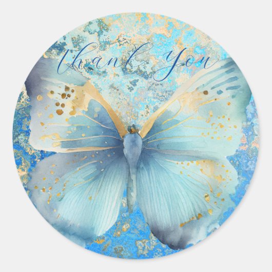 Romantische blauwe vlinder dank u ronde sticker (Voorkant)