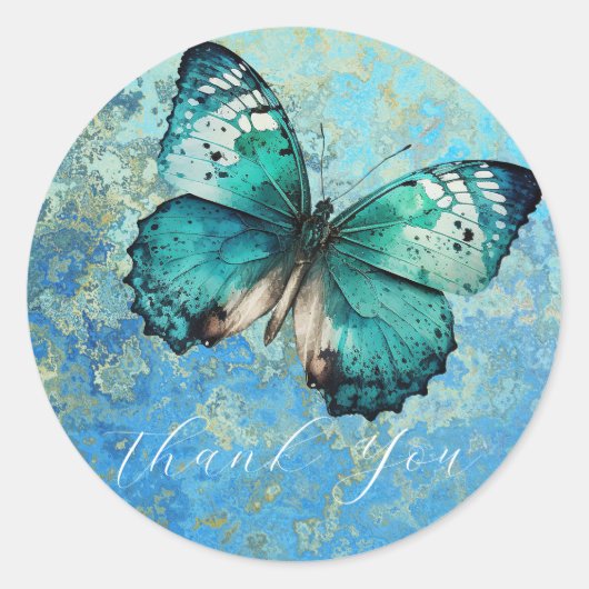 Romantische blauwe vlinder dank u ronde sticker (Voorkant)