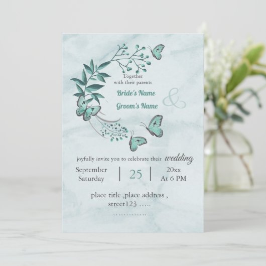 romantische blauwe vlinders bladeren bloemenbruilo kaart (Staand voorkant)