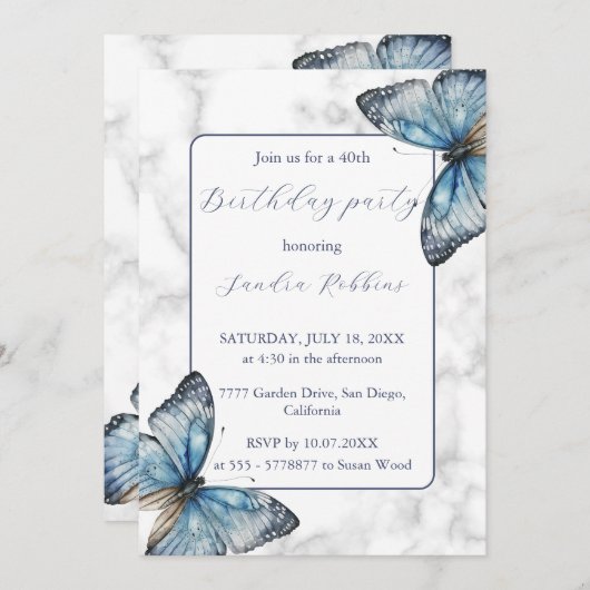 Romantische blauwe vlinders Verjaardag Uitnodiging (Voorkant / Achterkant)