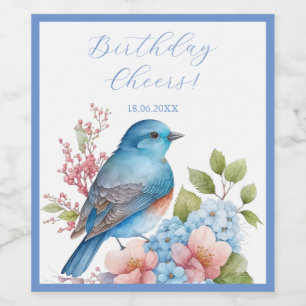 Romantische blauwe vogel en bloemen wijn etiket