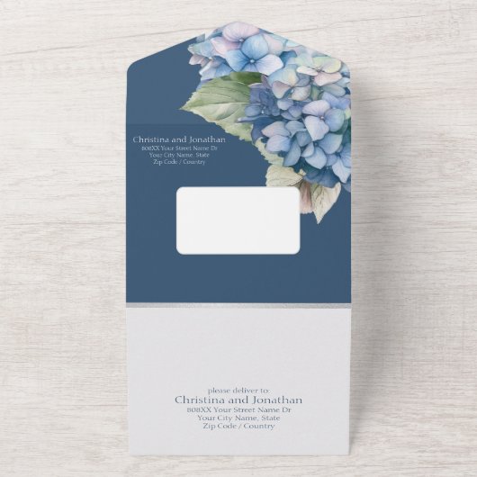 Romantische Blauwe Waterverf Hydrangea Bloemen op  All In One Uitnodiging (Buitenkant)