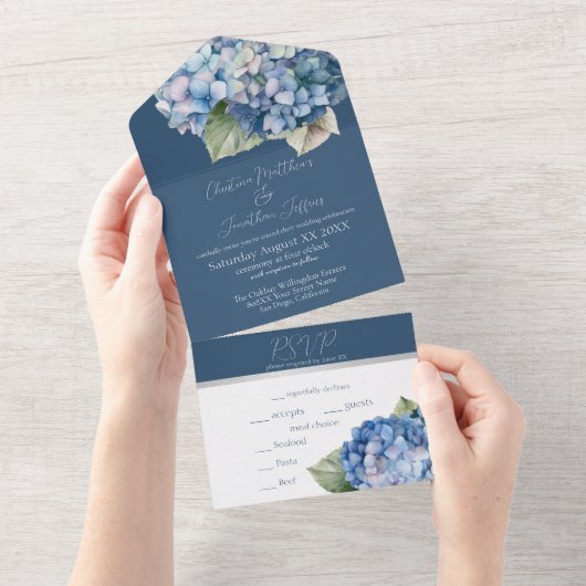 Romantische Blauwe Waterverf Hydrangea Bloemen op  All In One Uitnodiging (Afscheurbaar)