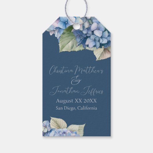 Romantische Blauwe Waterverf Hydrangea Bloemen op Cadeaulabel (Voorkant)