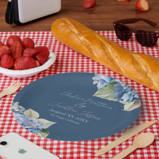 Romantische Blauwe Waterverf Hydrangea Bloemen op Papieren Bordje (Picknick)