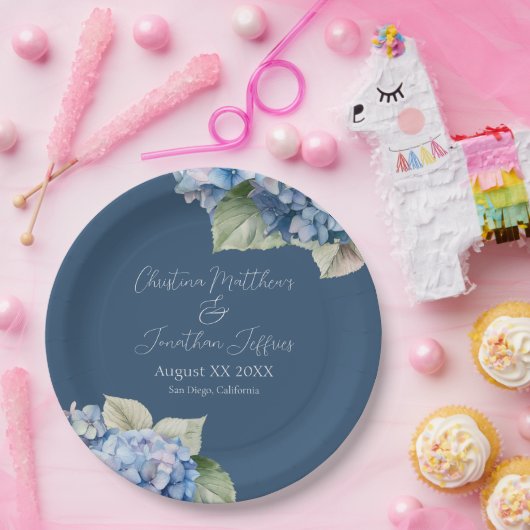 Romantische Blauwe Waterverf Hydrangea Bloemen op  Papieren Bordje (Feest)