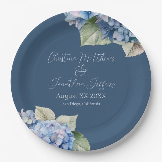 Romantische Blauwe Waterverf Hydrangea Bloemen op  Papieren Bordje (Voorkant)