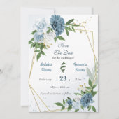 Romantische blauwe witte bloemen goud geometrisch save the date (Voorkant)