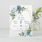 Romantische blauwe witte bloemen goud geometrisch save the date (Staand voorkant)