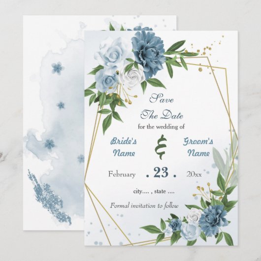 Romantische blauwe witte bloemen goud geometrisch save the date (Voorkant / Achterkant)