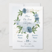 Romantische blauwe witte bloemen gouden baard save the date (Voorkant)