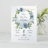 Romantische blauwe witte bloemen gouden baard save the date (Staand voorkant)
