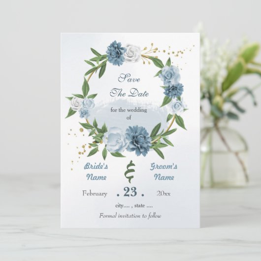 Romantische blauwe witte bloemen gouden baard save the date (Staand voorkant)