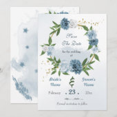 Romantische blauwe witte bloemen gouden baard save the date (Voorkant / Achterkant)
