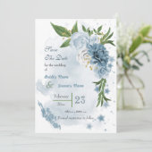 Romantische blauwe witte bloemen groen save the date (Staand voorkant)