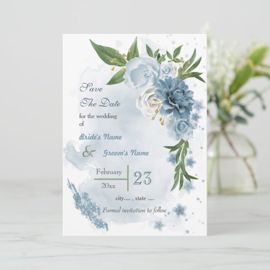 Romantische blauwe witte bloemen groen save the date (Staand voorkant)