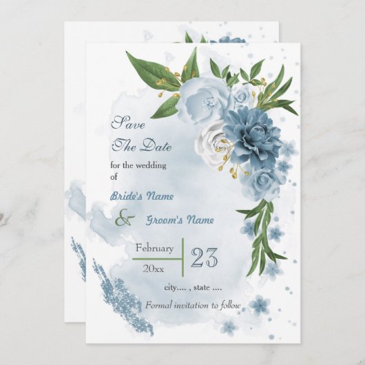 Romantische blauwe witte bloemen groen save the date (Voorkant / Achterkant)