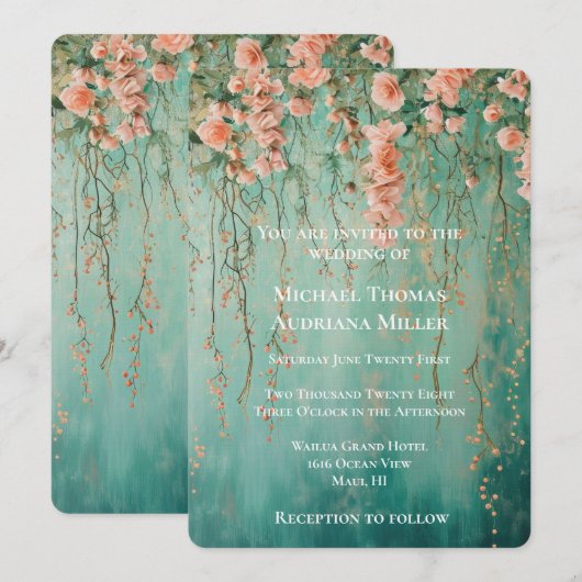 Romantische Blauwgroen Blush Flowers bruiloft Kaart (Voorkant / Achterkant)