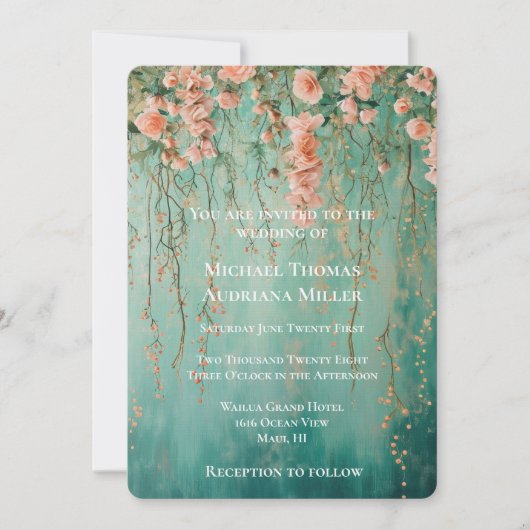 Romantische Blauwgroen Blush Flowers bruiloft Kaart (Voorkant)