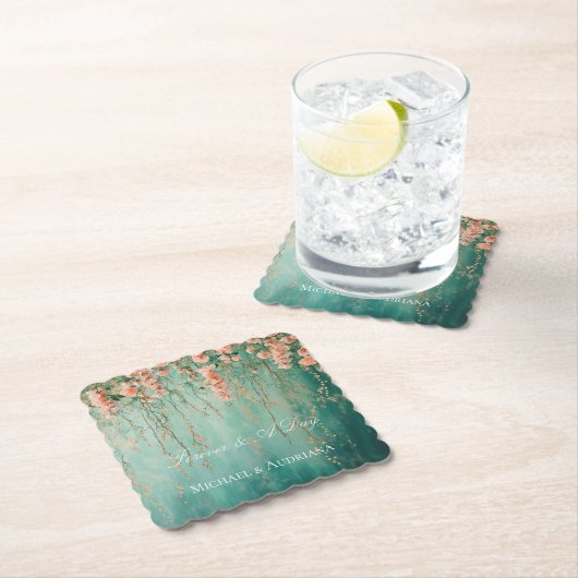 Romantische Blauwgroen Blush Perzik Bloemen bruilo Kartonnen Onderzetters (Insitu)