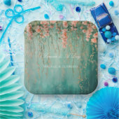 Romantische Blauwgroen Blush Perzik Bloemen bruilo Papieren Bordje (Feest)