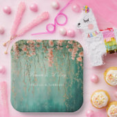 Romantische Blauwgroen Blush Perzik Bloemen bruilo Papieren Bordje (Feest)