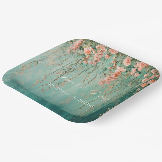 Romantische Blauwgroen Blush Perzik Bloemen bruilo Papieren Bordje (Gebogen)