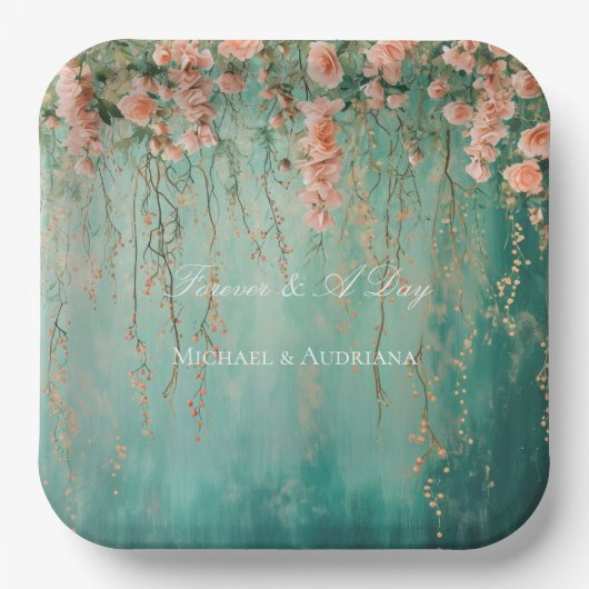 Romantische Blauwgroen Blush Perzik Bloemen bruilo Papieren Bordje (Voorkant)