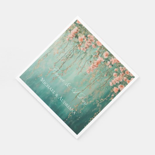 Romantische Blauwgroen Blush Perzik Bloemen bruilo Servet (Hoek)