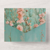 Romantische Blauwgroen Blush Perzik Bloemen Huwel All In One Uitnodiging (Achterkant)