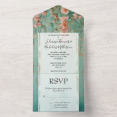 Romantische Blauwgroen Blush Perzik Bloemen Huwel All In One Uitnodiging (Binnen)