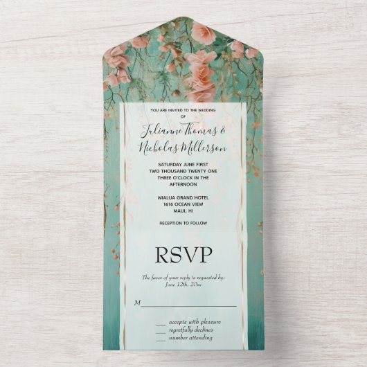  Romantische Blauwgroen Blush Perzik Bloemen Huwel All In One Uitnodiging (Binnen)