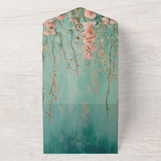 Romantische Blauwgroen Blush Perzik Bloemen Huwel All In One Uitnodiging (Buitenkant)