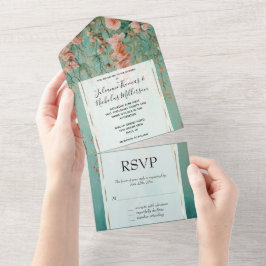 Romantische Blauwgroen Blush Perzik Bloemen Huwel All In One Uitnodiging