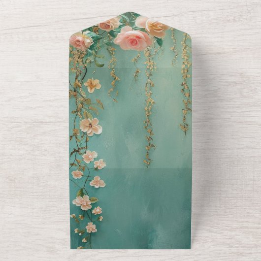 Romantische Blauwgroen Blush Perzik Roos Bloemen b All In One Uitnodiging (Buitenkant)