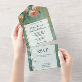 Romantische Blauwgroen Blush Perzik Roos Bloemen b All In One Uitnodiging