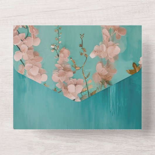 Romantische Blauwgroen Blush Pink Flowers Wedding All In One Uitnodiging (Achterkant)