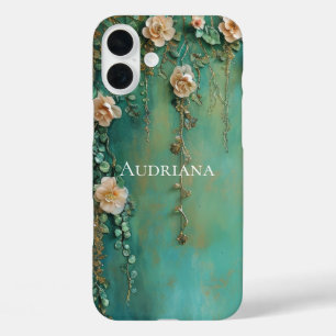 Romantische Blauwgroen Blush Roze Bloemen iPhone 16 Plus Hoesje