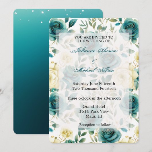 Romantische Blauwgroen Cream Rozen Floral Wedding Kaart (Voorkant / Achterkant)