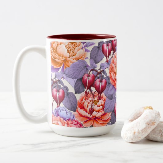 Romantische Bloeden Hart Bloemen & pioen Tweekleurige Koffiemok (Met donut)