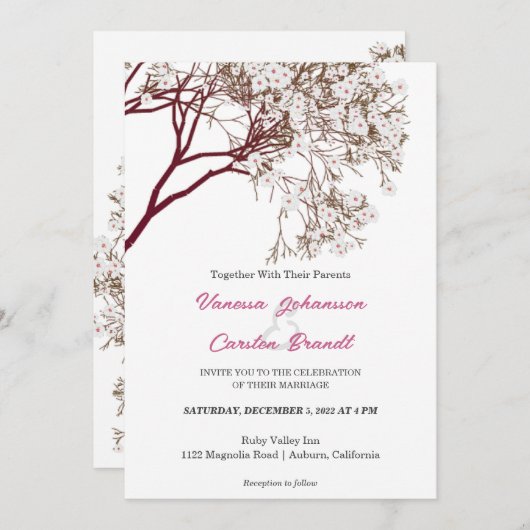 Romantische bloeiende boom bruiloft uitnodiging (Voorkant / Achterkant)