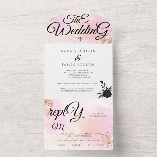 Romantische bloeiende kalligrafie de bruiloft all in one uitnodiging (Binnen)